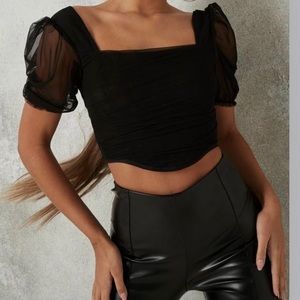 New Missguided Black Mesh Puff Sleeve Corset Top